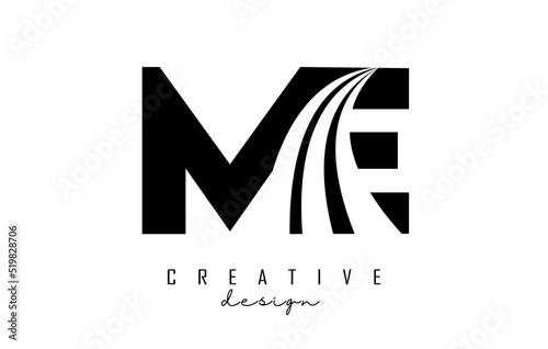 Creative black letters ME m e logo with leading lines and road concept design. Letters with geometric design.