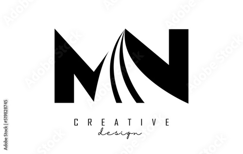 Creative black letters MN m n logo with leading lines and road concept design. Letters with geometric design.