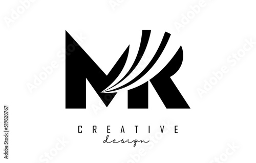 Creative black letters MR m r logo with leading lines and road concept design. Letters with geometric design.
