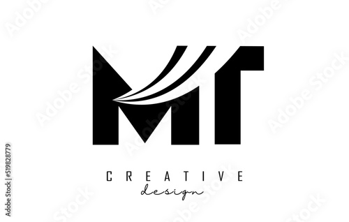 Creative black letters MT m t logo with leading lines and road concept design. Letters with geometric design.