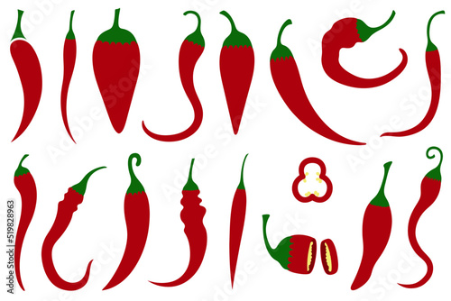 Set of different red chili peppers isolated on white