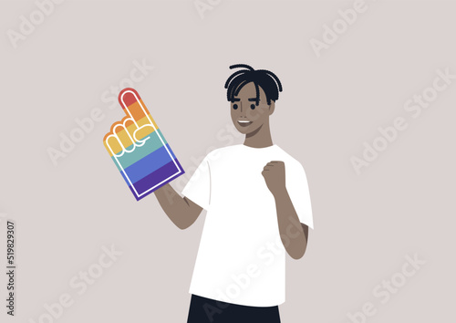 A Pride foam finger colored with rainbow colors, LGBTQ community support