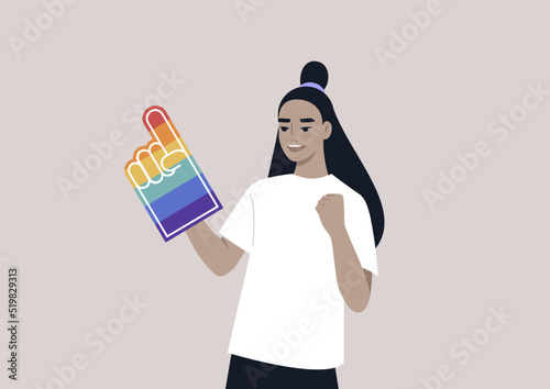 A Pride foam finger colored with rainbow colors, LGBTQ community support