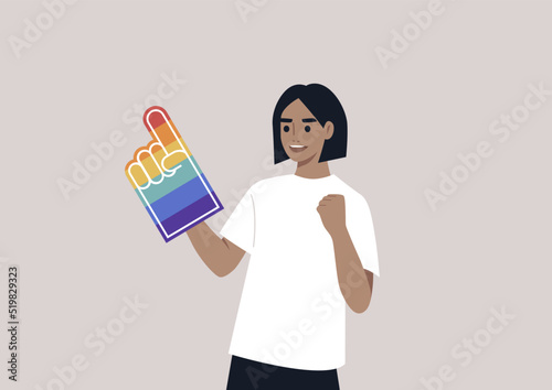 A Pride foam finger colored with rainbow colors, LGBTQ community support