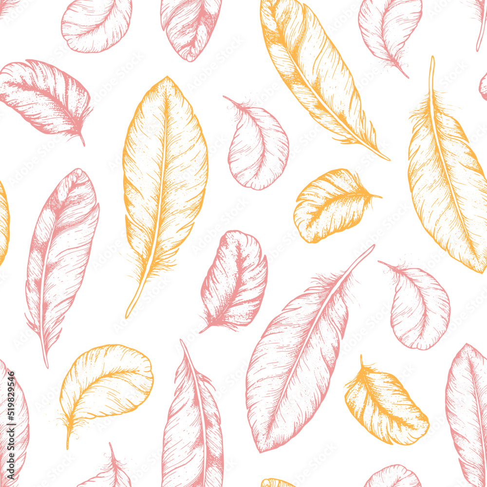 Fototapeta premium Feather seamless pattern. Hand drawn vector illustration. Sketch collection. Engraved style set.