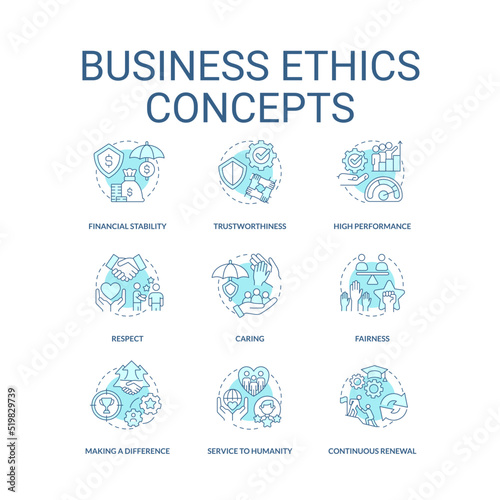 Business ethics turquoise concept icons set. Corporate social responsibility idea thin line color illustrations. Isolated symbols. Editable stroke. Roboto-Medium, Myriad Pro-Bold fonts used