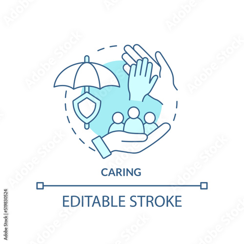 Caring turquoise concept icon. Type of business ethics abstract idea thin line illustration. Interpersonal relationships. Isolated outline drawing. Editable stroke. Arial, Myriad Pro-Bold fonts used