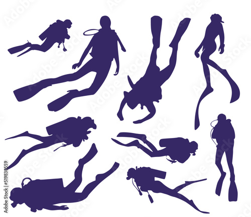 Set of nine divers floating deep in the sea