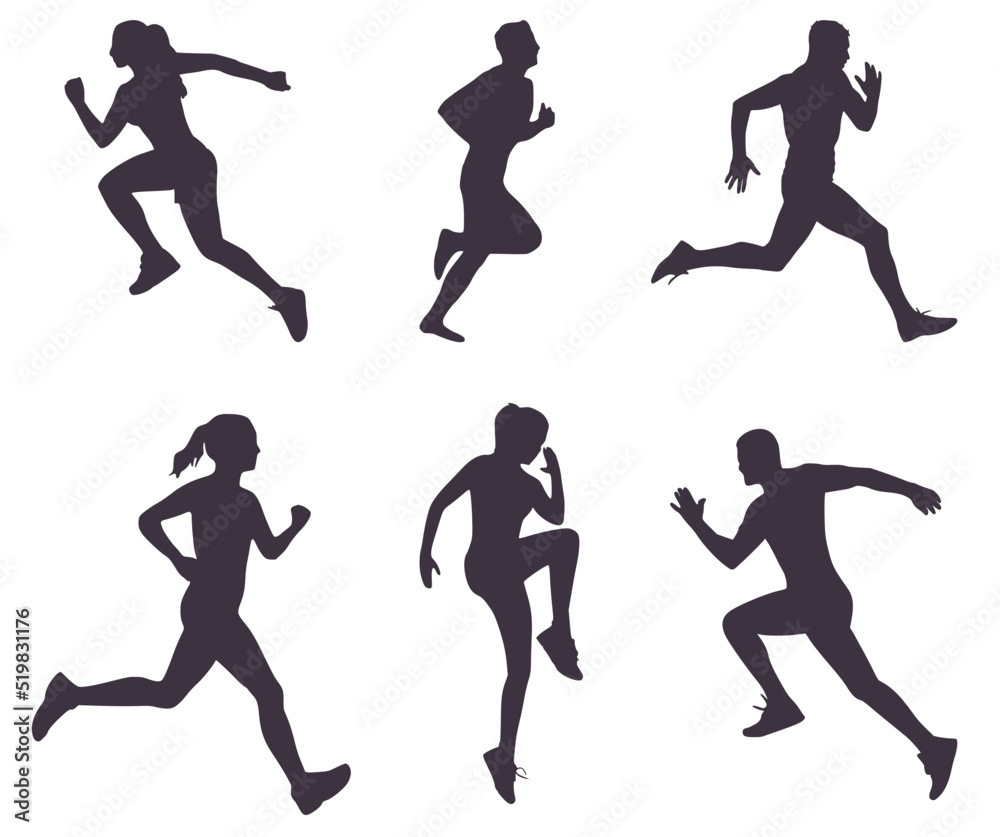 Set of six silhouettes of runners. man running