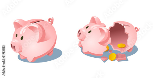Piggy bank illustration in whole and broken condition