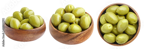Εκτύπωση καμβά Collection of wooden bowls with  green olives, isolated on white background