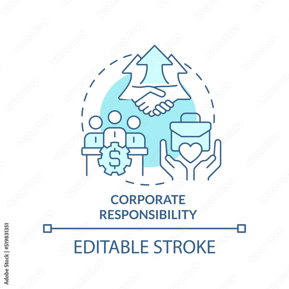 Corporate responsibility turquoise concept icon. Type of CSR abstract idea thin line illustration. Accountability. Isolated outline drawing. Editable stroke. Arial, Myriad Pro-Bold fonts used