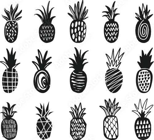 Collection decorative pineapple isolated Vectors Silhouettes