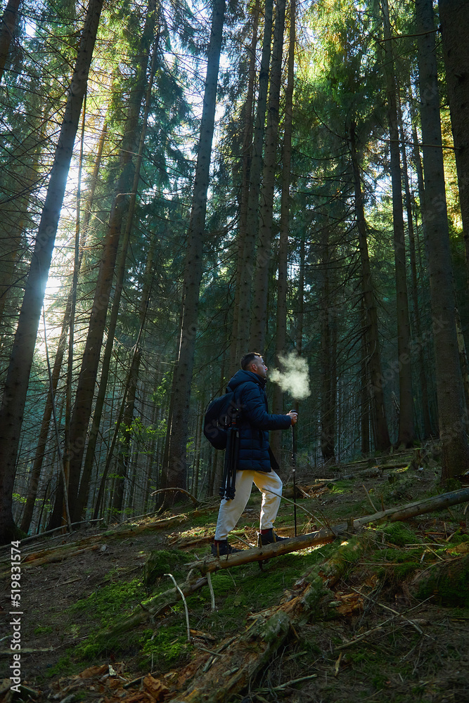 Active man with backpack on path in dark autumn forest with bare trees Active man with backpack on path in dark autumn forest with bare trees