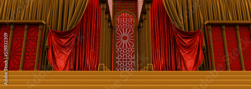 moroccan arc door with red and golden curtains on the side and arabesque style, islamic vip concept, ramadan, eid mubarak, red and gold curtains, 3D render