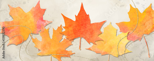 Autumn vector watercolor art background with maple leaves. Back to school. Hand drawn fall wallpaper design for cards, flyers, poster, banner, cover design, invitation cards and wall art. September.