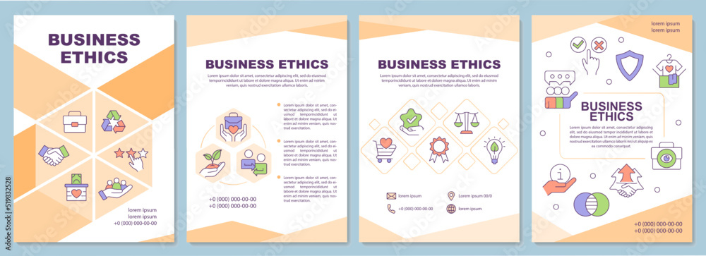 Business ethics orange brochure template. Customer-centricity. Leaflet design with linear icons. Editable 4 vector layouts for presentation, annual reports. Arial-Black, Myriad Pro-Regular fonts used