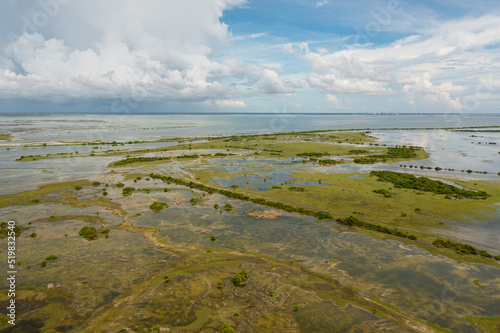 Aerial drone of flooded land in Sri Lanka during the rainy season.