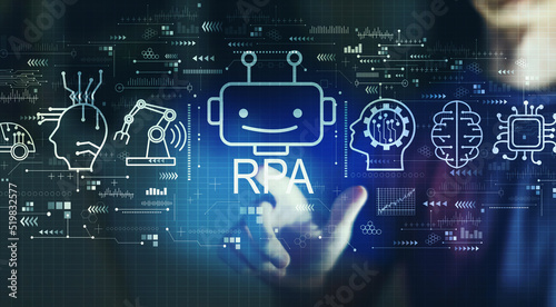 Robotic Process Automation RPA theme with young man touching a digital screen at night