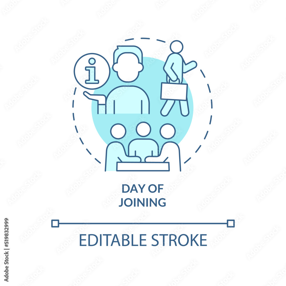 Day of joining turquoise concept icon. Comfortable adaptation. Onboarding process abstract idea thin line illustration. Isolated outline drawing. Editable stroke. Arial, Myriad Pro-Bold fonts used Day of joining turquoise concept icon. Comfortable adaptation. Onboarding process abstract idea thin line illustration. Isolated outline drawing. Editable stroke. Arial, Myriad Pro-Bold fonts used