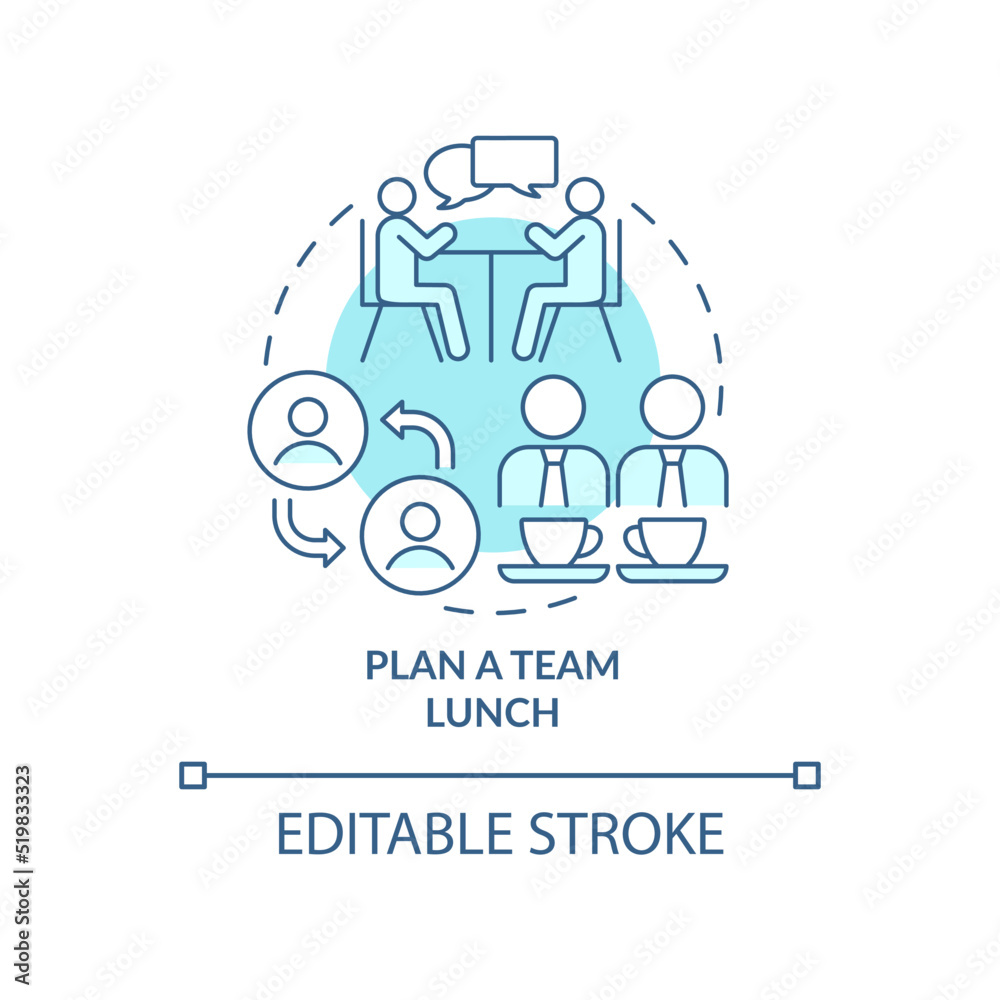 Plan team lunch turquoise concept icon. Communication. Developing onboarding process abstract idea thin line illustration. Isolated outline drawing. Editable stroke. Arial, Myriad Pro-Bold fonts used Plan team lunch turquoise concept icon. Communication. Developing onboarding process abstract idea thin line illustration. Isolated outline drawing. Editable stroke. Arial, Myriad Pro-Bold fonts used