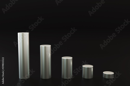 Silver metal 3d cylinder. Realistic pedestal podiums of circle geometric shape stand with perspective, blank circular platform or stage for product, diagram graph for presentation. 3d render