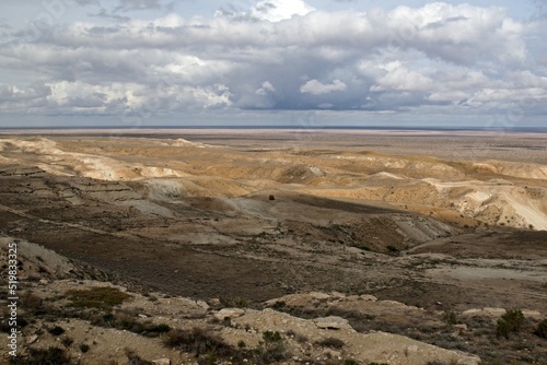 A view of the ecological disaster, the Dry Aral Sea, from the Ustyurt Plateau. Karakalpakstan. Uzbekistan 