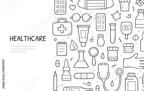 Hand drawn doodle set of medical and healthcare concept. Website banner template. Vector composition design.