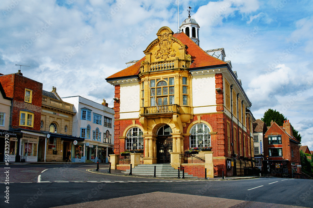 Obraz premium The 1901 Town Hall on the High Street of the Wiltshire town of Marlborough, England. By Gothic Revival architect Charles Ponting