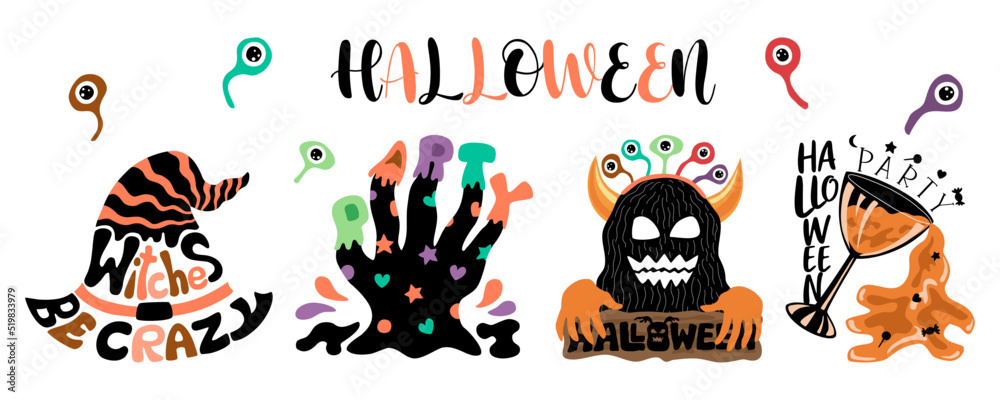 Halloween Vector Illustration Set designed in doodle style in black and orange tones on white background for Halloween themed decoration, t-shirt design, bag design, Sticker,  mug, fabric pattern 