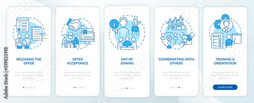Team joining process blue onboarding mobile app screen. Employment walkthrough 5 steps editable graphic instructions with linear concepts. UI, UX, GUI template. Myriad Pro-Bold, Regular fonts used