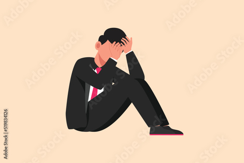 Business design drawing depressed businessman feeling sad sitting on the floor. Stressed office worker losing job. Financial crisis. Depression people concept. Flat cartoon style vector illustration