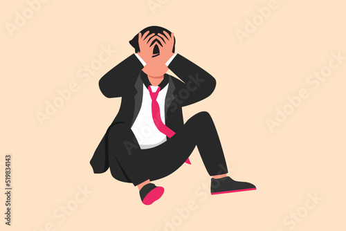 Business flat drawing depressed businessman feeling sad with holding head and sitting on the floor. Frustrated worker with mental health problem. Depression concept. Cartoon design vector illustration