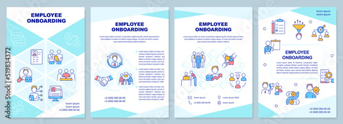 Employee onboarding turquoise brochure template. Adaptation. Leaflet design with linear icons. Editable 4 vector layouts for presentation, annual reports. Arial-Black, Myriad Pro-Regular fonts used