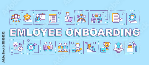 Employee onboarding word concepts blue banner. Job adaptation. Infographics with editable icons on color background. Isolated typography. Vector illustration with text. Arial-Black font used