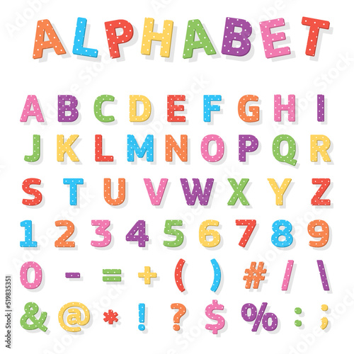 Cute vector colored alphabet and signs with polka dot texture  hand drawn font for kids  flat isolated vector illustration. 