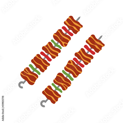 skewers with fried shish kebab isolated on white