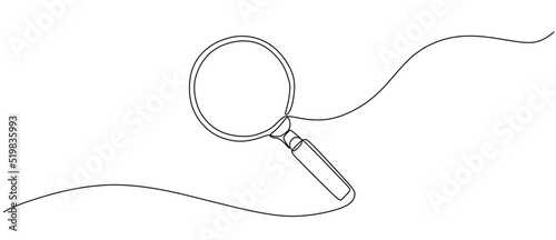 Magnifying glass in continuous one line drawing. Concept of Business analysis in simple outline style. Used for logo, emblem, web banner, presentation. Doodle Vector Illustration