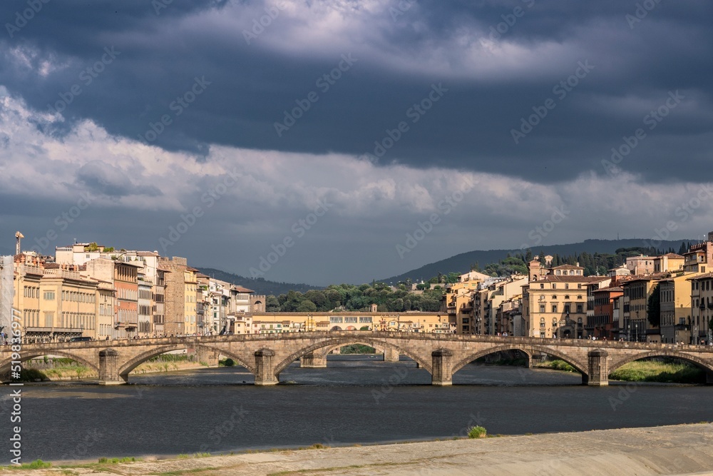 View of the Arno river in Florence and the Pescaia di Santa Rosa