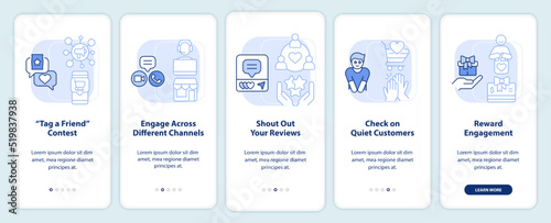 Customer engagement strategies light blue onboarding mobile app screen. Walkthrough 5 steps editable graphic instructions with linear concept. UI, UX, GUI template. Myriad Pro-Bold, Regular fonts used