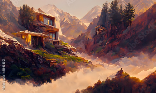An artistic house in the middle of a mountain range. Mountains in the background. Natural colors, painting illustrations.