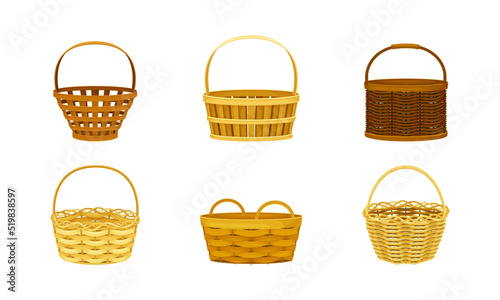 Wicker baskets set. Handcrafted picnic container for products vector illustration