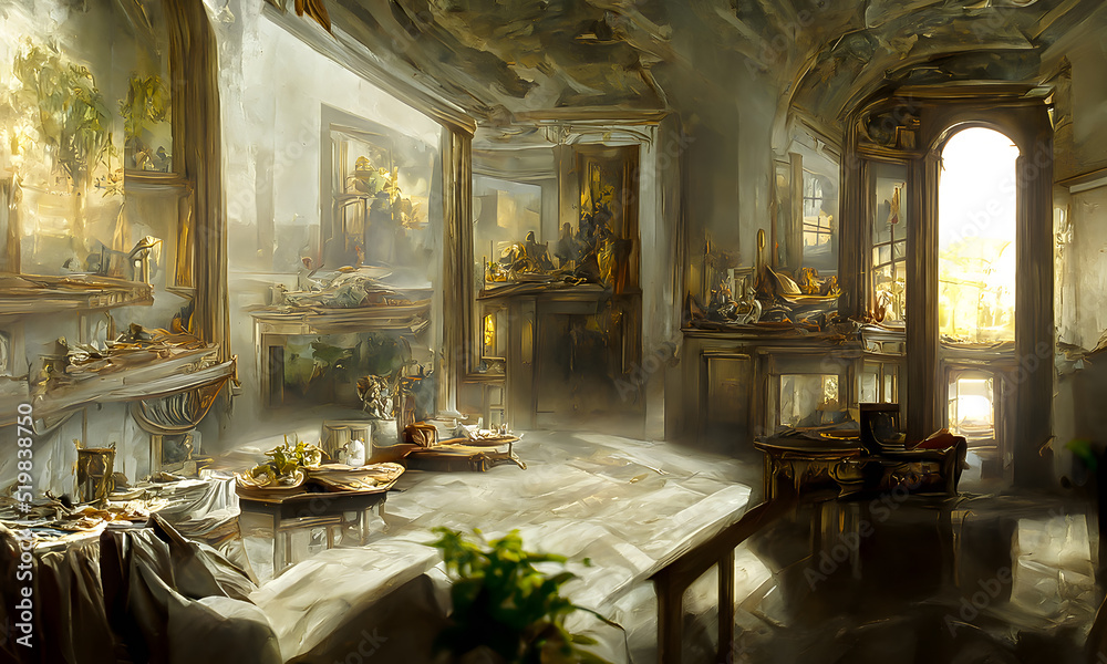 Artistic painting conception of a living room interior. 