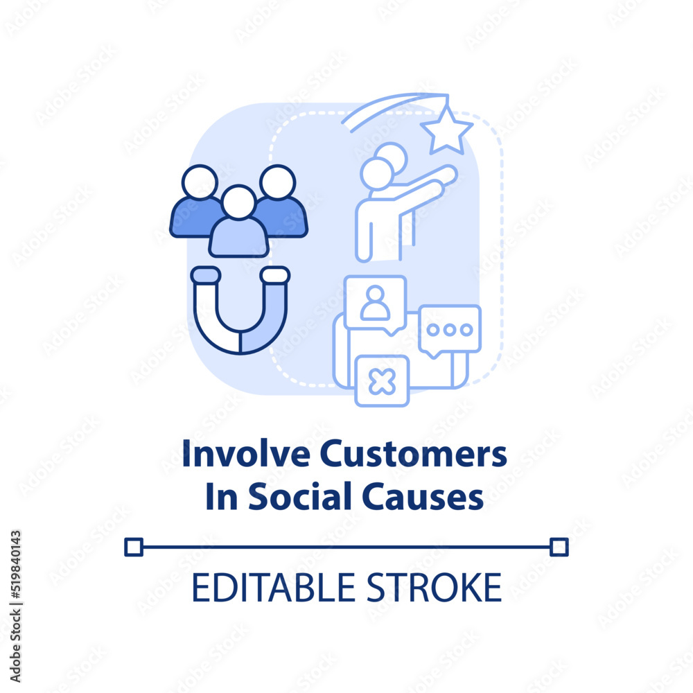 Involve customers in social causes light blue concept icon. Client engagement abstract idea thin line illustration. Isolated outline drawing. Editable stroke. Arial, Myriad Pro-Bold fonts used Involve customers in social causes light blue concept icon. Client engagement abstract idea thin line illustration. Isolated outline drawing. Editable stroke. Arial, Myriad Pro-Bold fonts used
