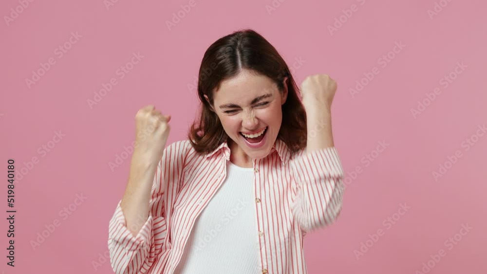 Young caucasian woman she wear shirt t-shirt countdown 1 2 3 one two three go celebrate win scream rejoices doing winner hands gesture isolated on plain pastel light pink background studio portrait Young caucasian woman she wear shirt t-shirt countdown 1 2 3 one two three go celebrate win scream rejoices doing winner hands gesture isolated on plain pastel light pink background studio portrait