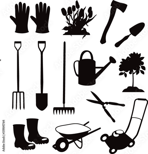 Garden tools equipment gardener gloves isolated Vectors Silhouettes