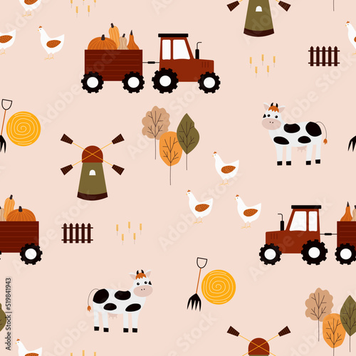 Cute cartoon farm seamless pattern. Hand drawn creative print domestic animals. Village landscape. Baby design with vector cow, chicken, tractor with trailer, mill, pumpkin, haystack. Autum harvest
