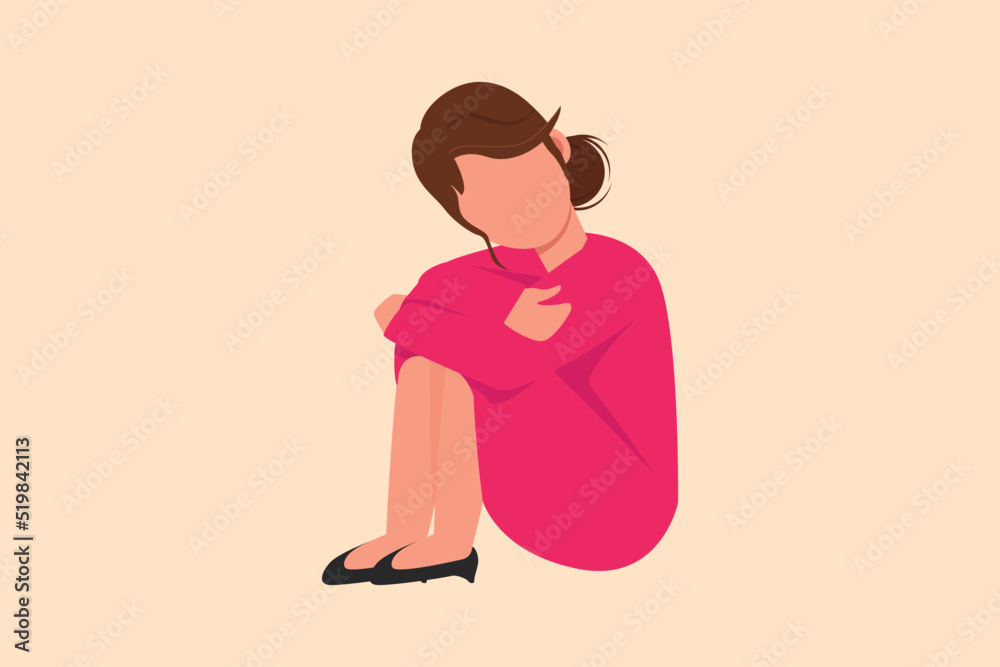 Business design drawing depressed businesswoman sitting in despair on floor, suffer emotion sadness melancholy stress at office. Worker sad gesture expression. Flat cartoon style vector illustration Business design drawing depressed businesswoman sitting in despair on floor, suffer emotion sadness melancholy stress at office. Worker sad gesture expression. Flat cartoon style vector illustration