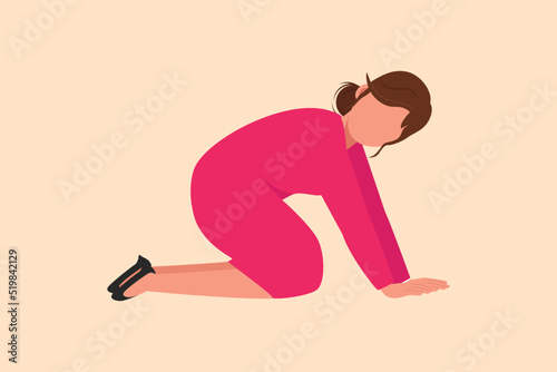 Business flat drawing depressed businesswoman crawling in despair on the floor. Frustrated or stressed office worker losing job due to economic and financial crisis. Cartoon design vector illustration