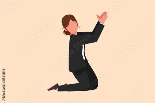 Business design drawing depressed businesswoman on her knees and ask for help. Female manager in business blazer praying. Psychological therapy and treatment. Flat cartoon style vector illustration